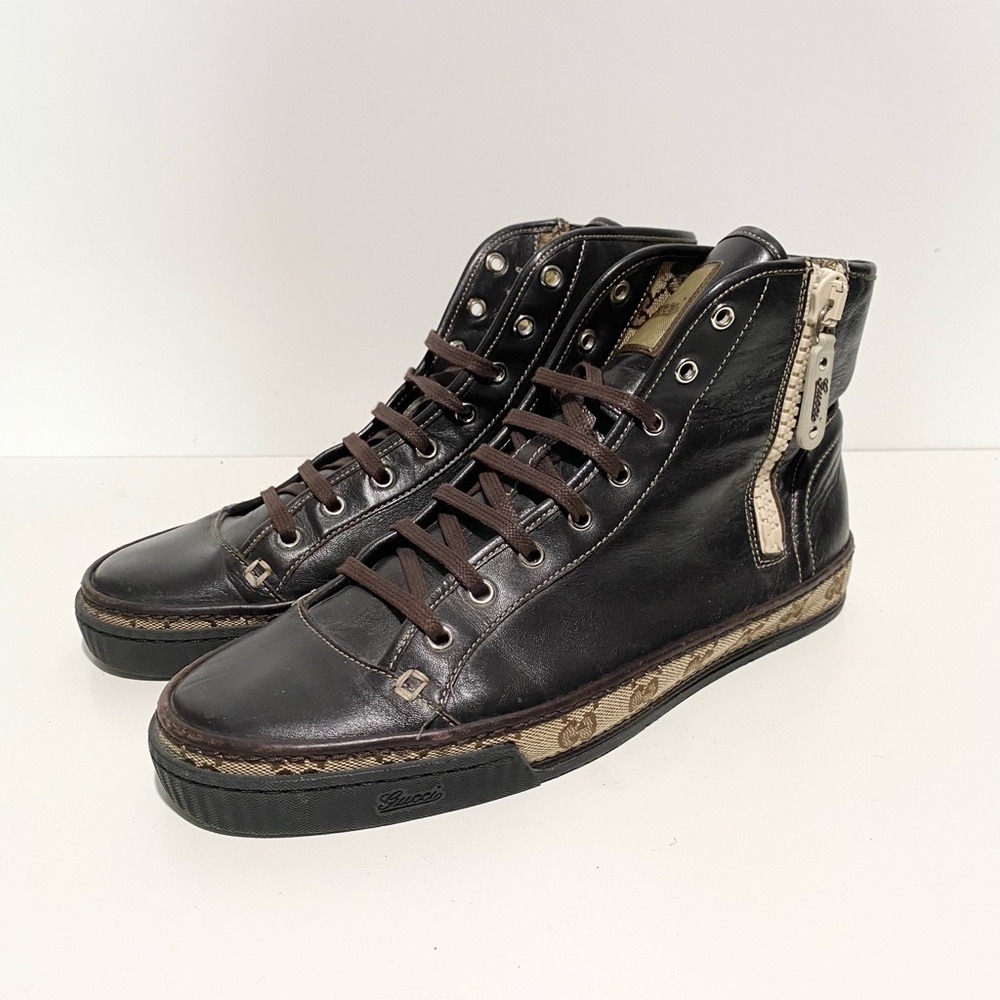 Gucci PRAGA Cocoa GG Logo Lace Up Zip Ankle Sneakers Size 8 Monogram - Picture 2 of 9